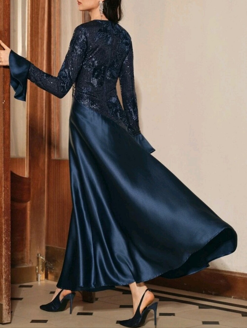 New Embroidered Sequin Asymmetrical Satin Maxi Dress Navy Blue